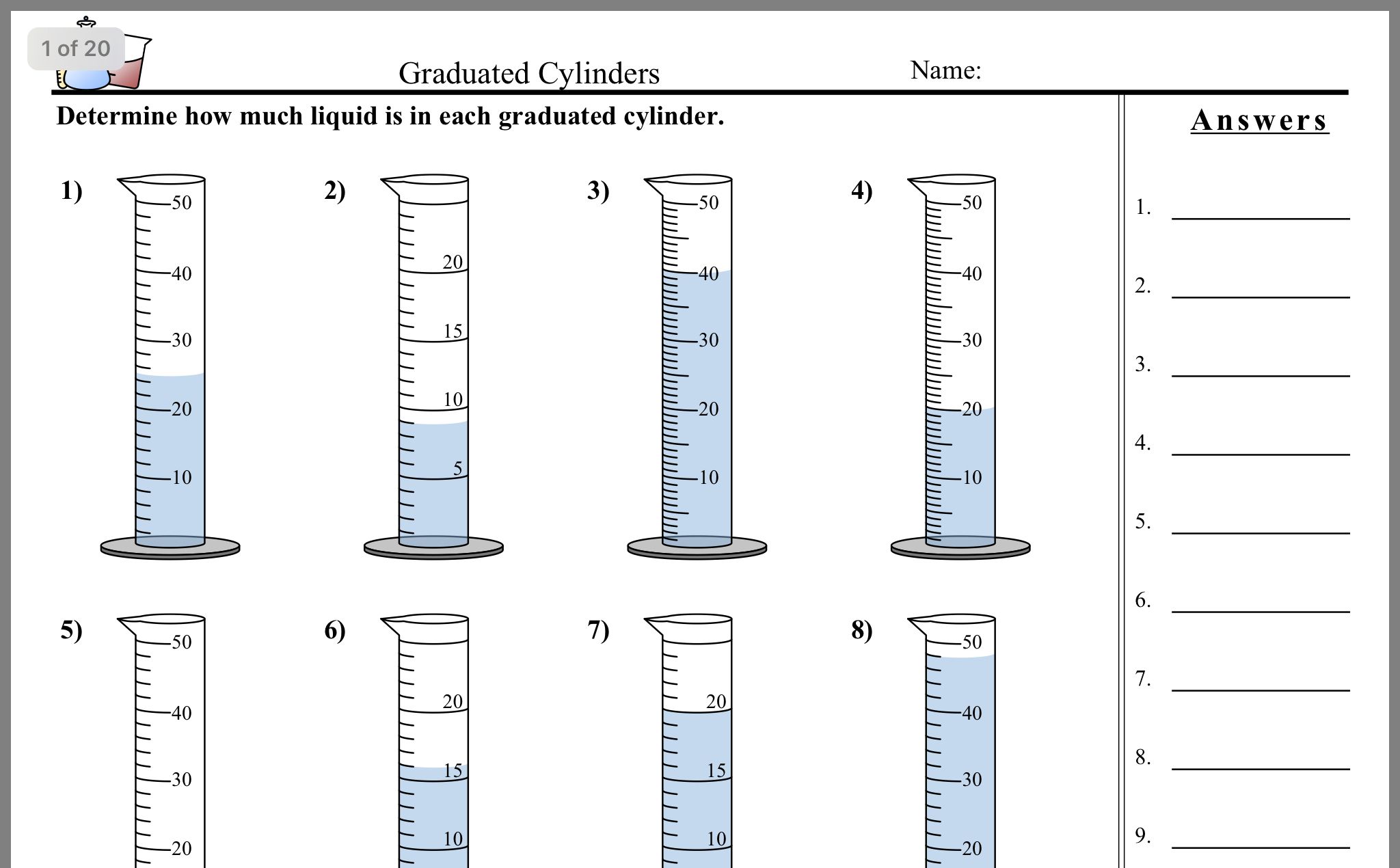 picture Reading A Graduated Cylinder Worksheet Answer Key